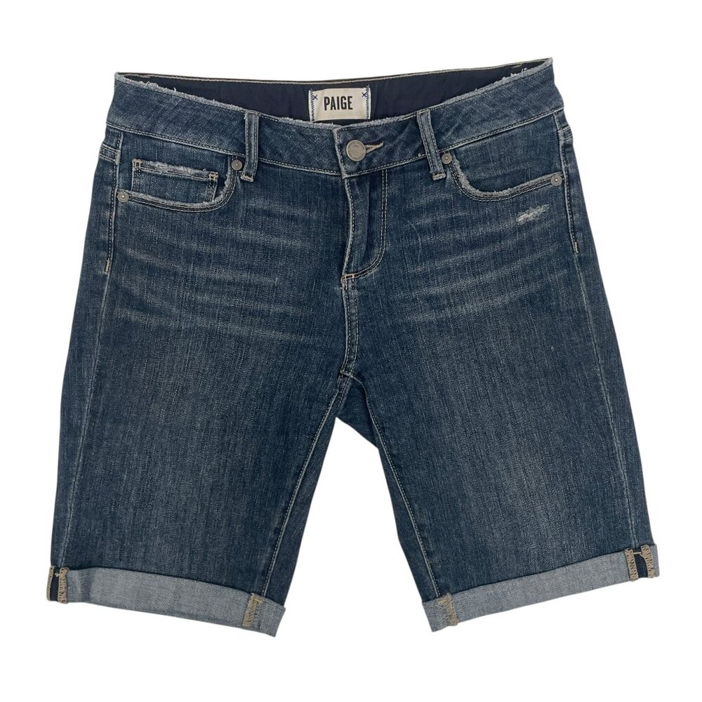 Paige Women's Jax Knee Shorts Dark Wash Blue Jean Cuffed Hem Distressed Size 25